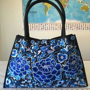 NEW Embroidered Floral Top Handle Tote Blue/Black
